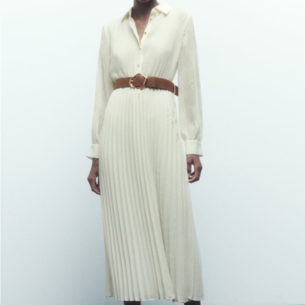 Zara Cream Long Sleeve Pleated Dress - Picture 1 of 8